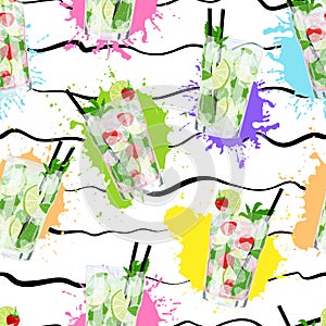 Vector seamless pattern with Mojito cocktails on abstract background.