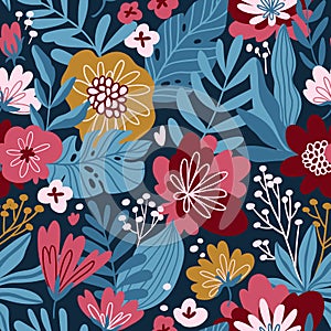 Vector seamless pattern with moody flowers on the dark blue background. Romantic design for natural cosmetics, perfume, women prod