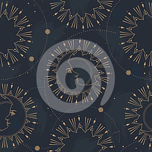 Vector seamless pattern with moon on dark blue background