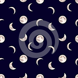 Vector Seamless Pattern: Moon, Night Sky Dark Background with Different Phase of Moon.