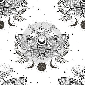 Vector seamless pattern with moth butterfly.Hand-draw illustration. Design tattoo art. With mystic and occult hand drawn symbols