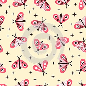Vector seamless pattern of moth. Stylized butterflies pink color on a yellow background