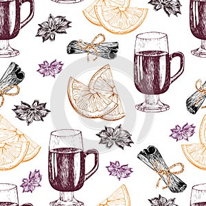 Vector seamless pattern of mulled wine ingredients. Hand drawn vintage elements. Glass, orange, cinnamon, anise.