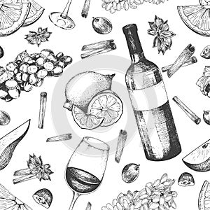 Vector seamless pattern of mulled wine ingredients. Warm alcoholic drink.