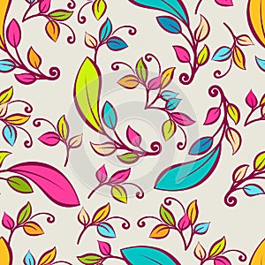 Vector seamless pattern with multicolor decorative leaves. Vector nature spring, summer or autumn background