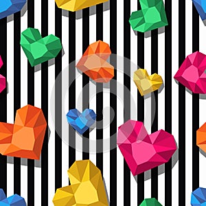 Vector seamless pattern. Multicolor jewel, gems in heart shape on black white stripes.