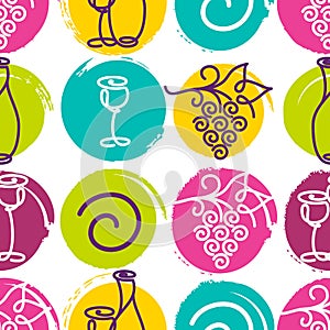 Vector seamless pattern with multicolor wine bottle, glass and g