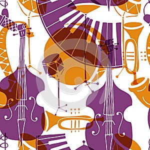 Vector Seamless pattern with music instruments jazz concept