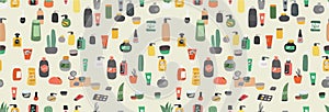 Vector seamless pattern with natural organic cosmetics products in bottles, jars, tubes for skin in trendy hand drawn
