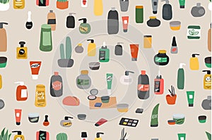 Vector seamless pattern with natural organic cosmetics products in bottles, jars, tubes for skin in trendy hand drawn