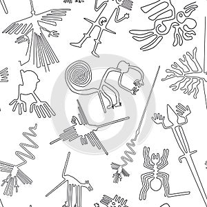 Vector seamless pattern, Nazca lines creatures from Nazca desert in Peru