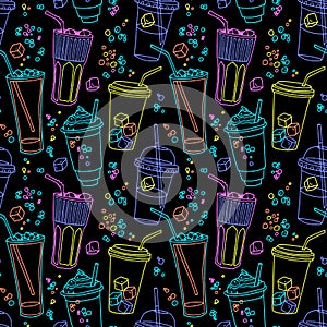 Vector seamless pattern with neon like various linears cocktail glasses with straws, bubbles and ice cubes. Colorful