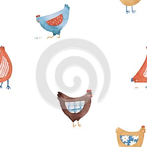 Vector seamless pattern with nice cute watercolor chicken hen bird in rural rustic country style