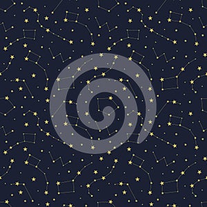 Vector Seamless Pattern, Night Sky, Constellations and Stars, Background.