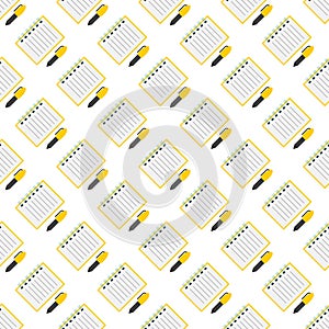 Vector seamless pattern with notebook and pen. Vector open notep