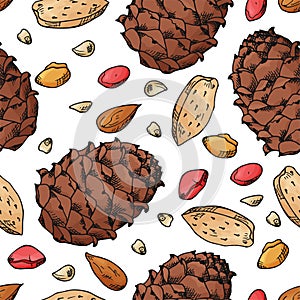 Vector seamless pattern with nuts and seeds. Pistachios, brasil nuts, pecan, hazelnut, nutmeg, cashew background. Hand