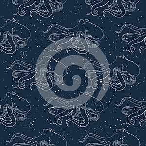 Vector seamless pattern with octopus on dark background.