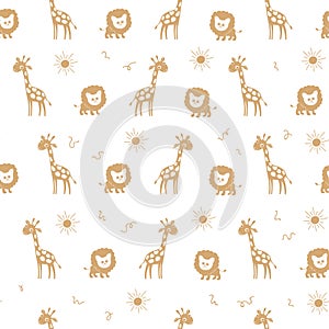 Vector seamless pattern with orange giraffe and lion silhouettes and sun.