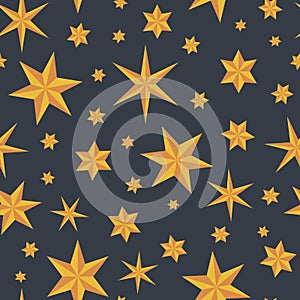 Vector seamless pattern with orange origami stars on dark grey background. Fun ditsy star print, constellations and