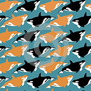 Vector seamless pattern with orca.Underwater cartoon creatures.Marine background.Cute ocean pattern for fabric