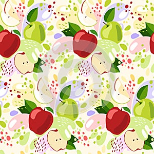 Vector seamless pattern of an organic apple fruit drink. ripe apple fruits with splash of bright fresh apple juice background. eco