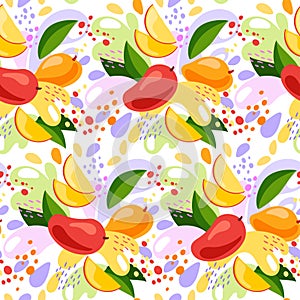 Vector seamless pattern of an organic mango fruit drink. ripe mango fruits with splash of bright fresh mango juice background. eco