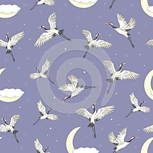 Vector seamless pattern with oriental motifes. Cranes flying. Flower blossom.