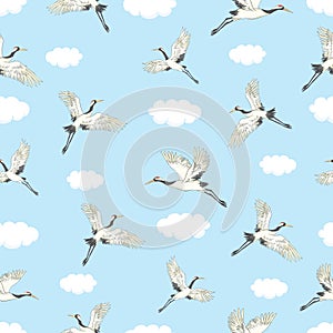 Vector seamless pattern with oriental motifes. Cranes flying. Flower blossom.