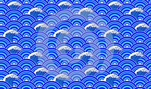 Vector Seamless Pattern: Oriental Ornament, Hand Drawn Waves and Blue Circles.