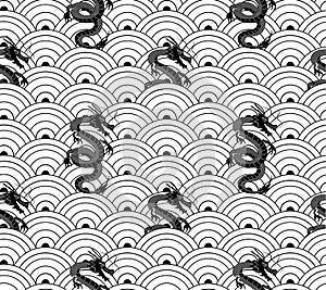 Vector Seamless Pattern, Oriental Waves and Dragons.