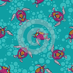 Vector seamless pattern with ornamental ocean turtles. Blue ethnic fabric design.