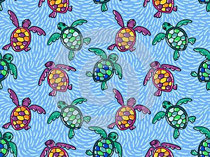 Vector seamless pattern with ornamental ocean turtles. Blue hand drawn design.