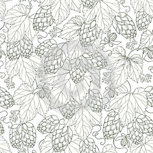 Vector seamless pattern with ornate Hops with leaves in black on the white background.
