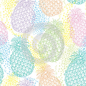 Vector seamless pattern with outline Ananas or Pineapple in pastel color and dots on the white background. Fruit pattern.
