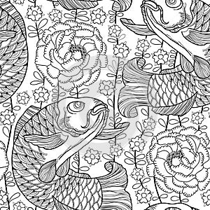 Vector seamless pattern with outline black koi carp and chrysanthemum or dahlia on the white background. Japanese ornate fish.