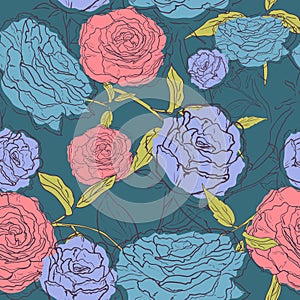 Vector seamless pattern with outline decorative roses. Beautiful floral background, neutral texture. Can be used for textile,