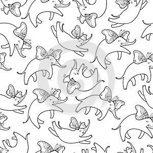 Vector seamless pattern with outline flying elephant with ornate butterfly wings on the white background. Cartoon cute elephants.