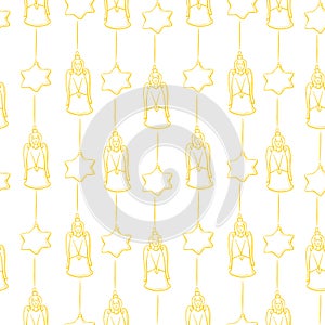 Vector seamless pattern with outline gold singing angels and stars, in doodle style. Christmas and New Year textures