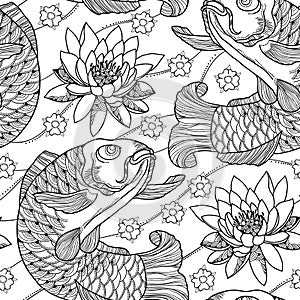 Vector seamless pattern with outline koi carp and lotus or water lily in black on the white background. Japanese ornate fish.