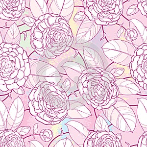 Vector seamless pattern with outline open Camellia flower, bud and ornate leaf in pastel pink on the white background.