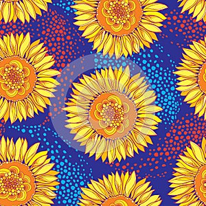 Vector seamless pattern with outline open Sunflower or Helianthus flower in yellow and orange on the blue background.