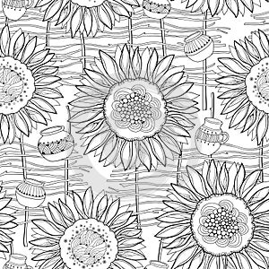 Vector seamless pattern with outline open Sunflower, wicker fence and jug on the white background. Floral summer pattern.