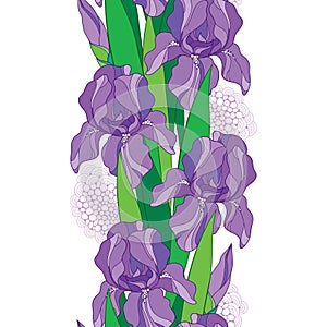 Vector seamless pattern with outline pastel purple Iris flower, bud and green leaf on the white background. Floral background.