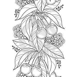 Vector seamless pattern with outline ripe Cherry, berry and leaf in black on the white background. Vertical border with cherry.