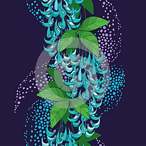 Vector seamless pattern of outline Strongylodon flower bunch or turquoise Jade vine with green leaf and bud on the violet back.