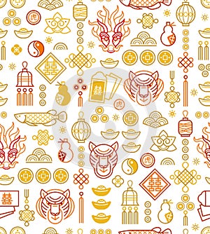 Vector seamless pattern with outline symbols of the Tiger Zodiac sign, Symbol of 2022 on the Chinese Lunar calendar