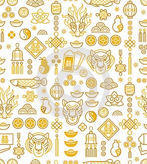 Vector seamless pattern with outline symbols of the Tiger Zodiac sign, Symbol of 2022 on the Chinese Lunar calendar