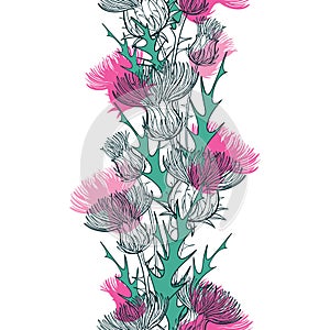 Vector seamless pattern with outline Thistle or Carduus plant, spiny leaf, bud and flower in green and pastel pink on the white.
