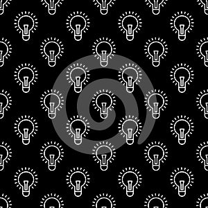 Vector seamless pattern of  outline white lightbulb on black bac