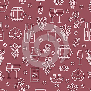 Vector seamless pattern with outline wine bottle, glass, grape v